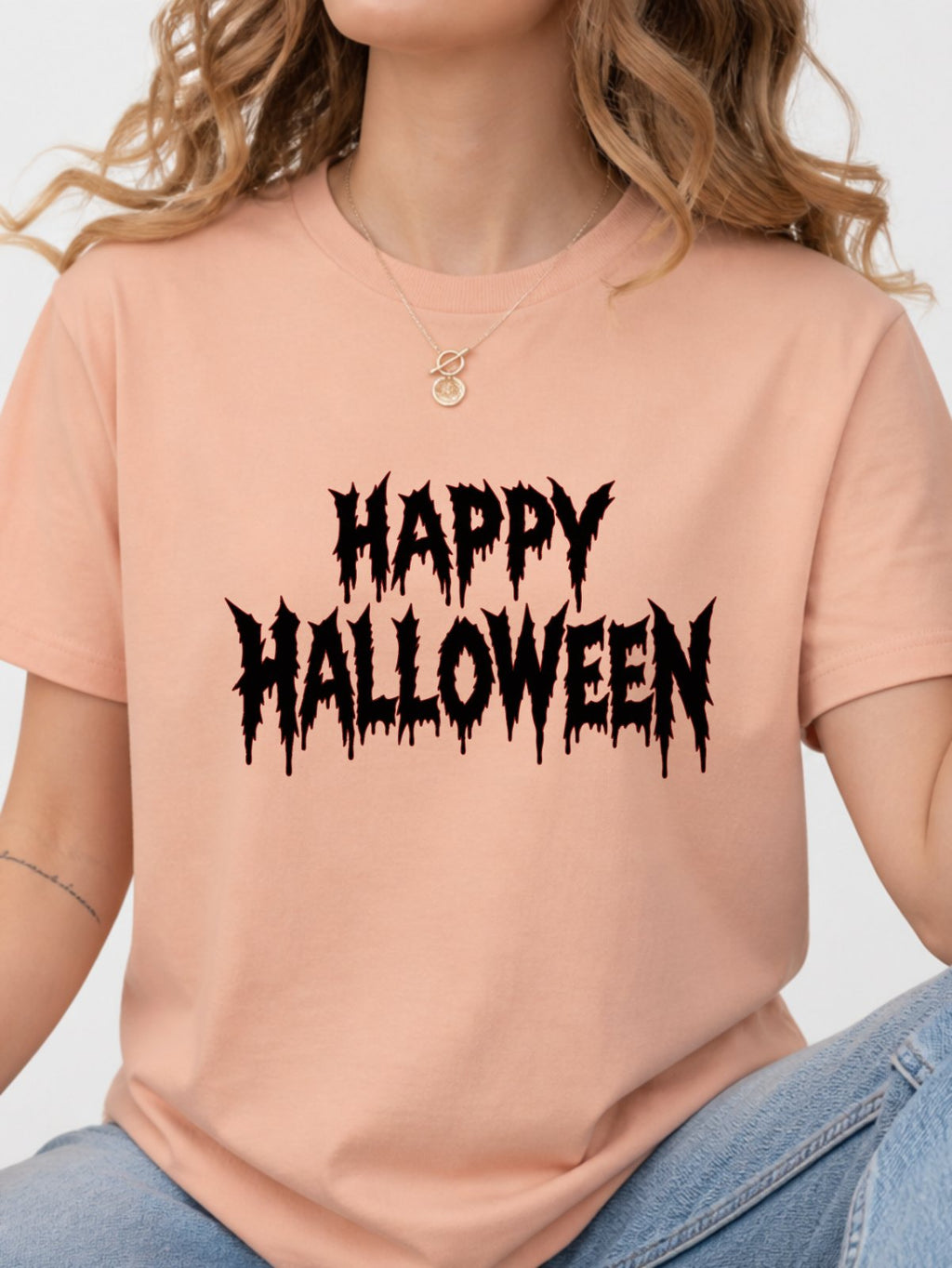 Happy Halloween Metal Text Graphic T-Shirt - Dusty Rose Model