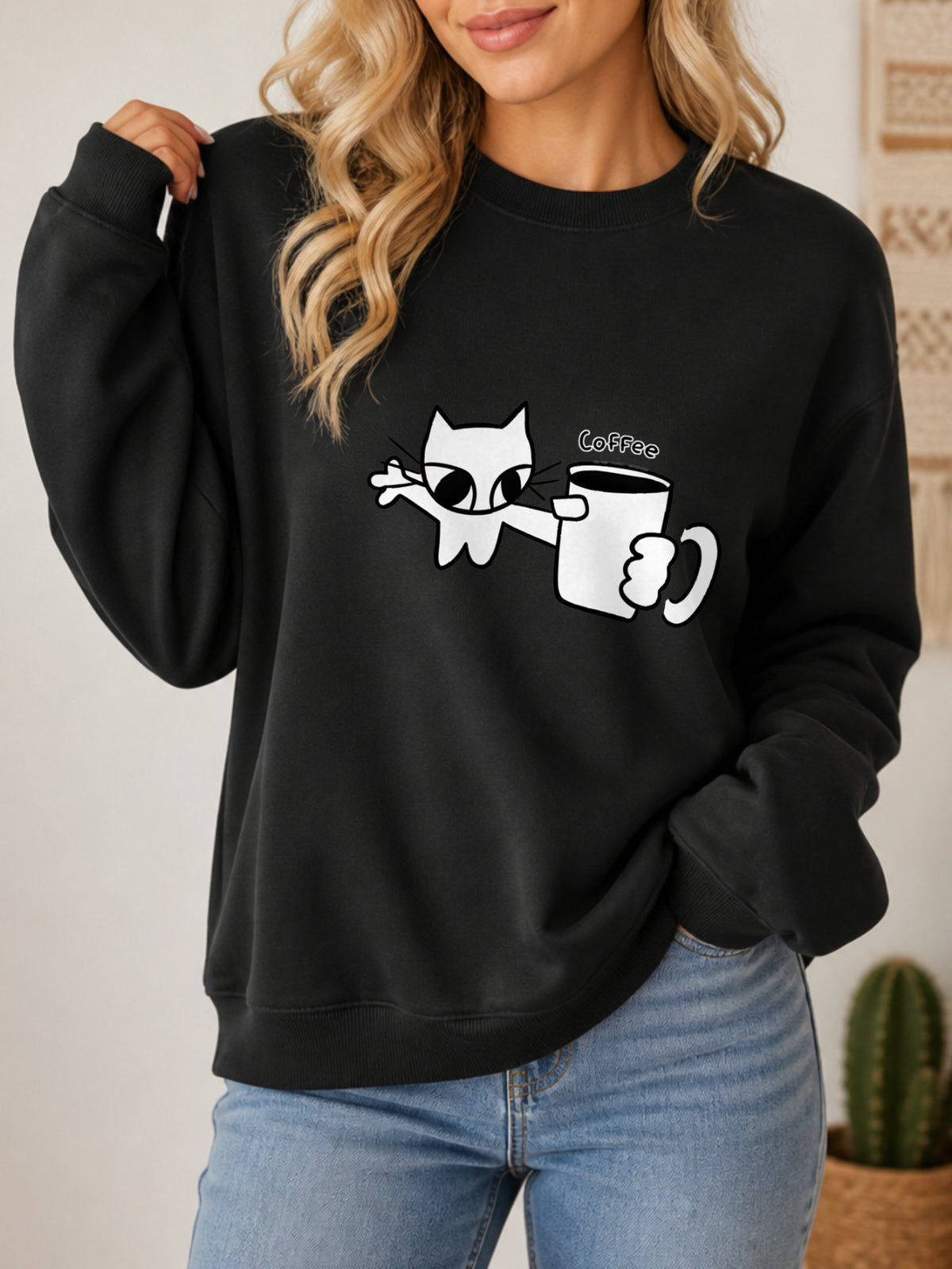 Cat Holding Coffee Vintage Boho Graphic Sweatshirt - Hanes_Black Model