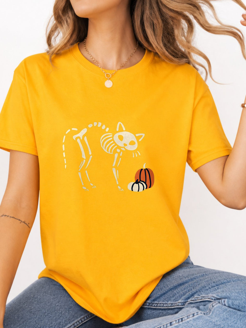 Cat Skeleton Pumpkin Halloween Graphic T-Shirt - Gold Model