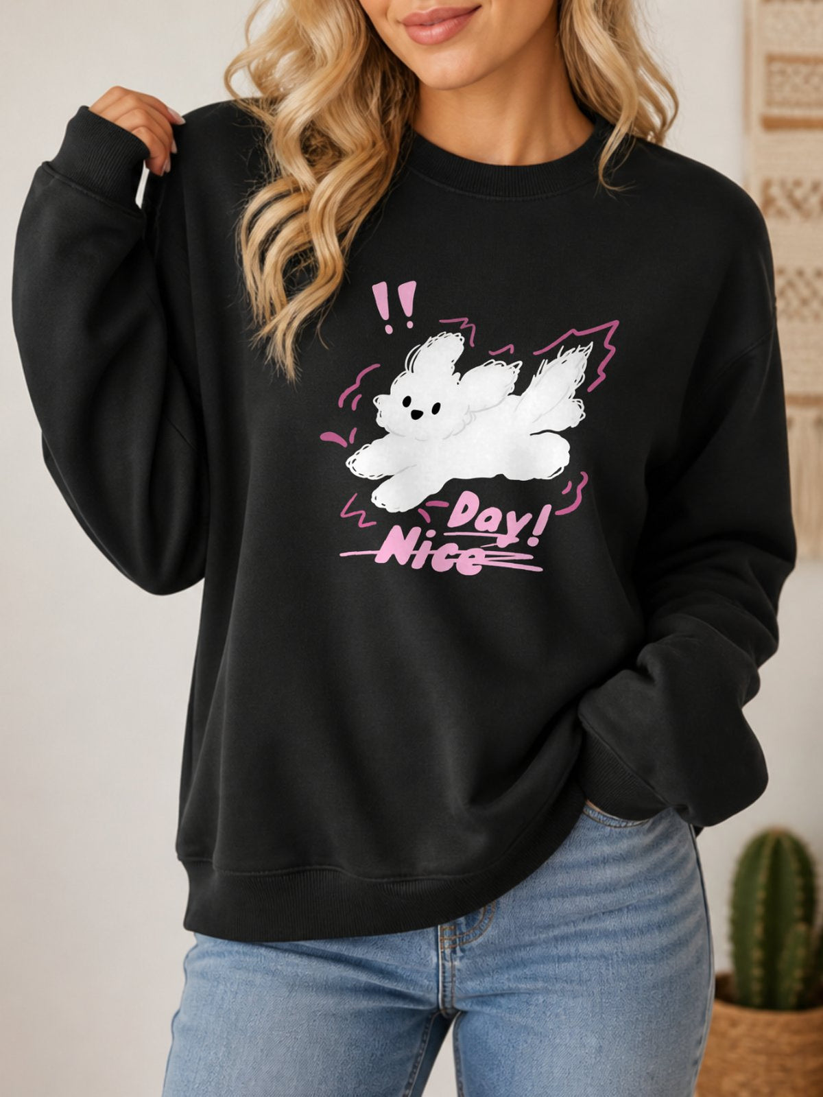 Nice Day Fluffy Puppy Vintage Boho Graphic Sweatshirt - Hanes_Black Model