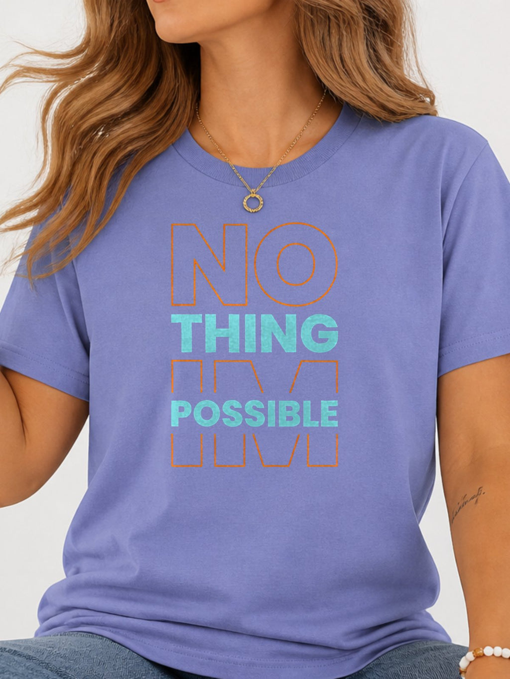 Nothing Is Possible Color Block Graphic T-Shirt - Violet Model