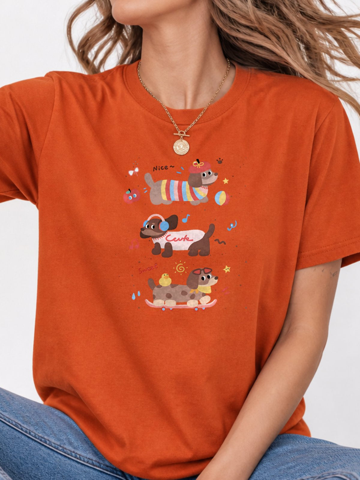 Cute Dachshund Dogs Graphic Tee - Texas Orange Model