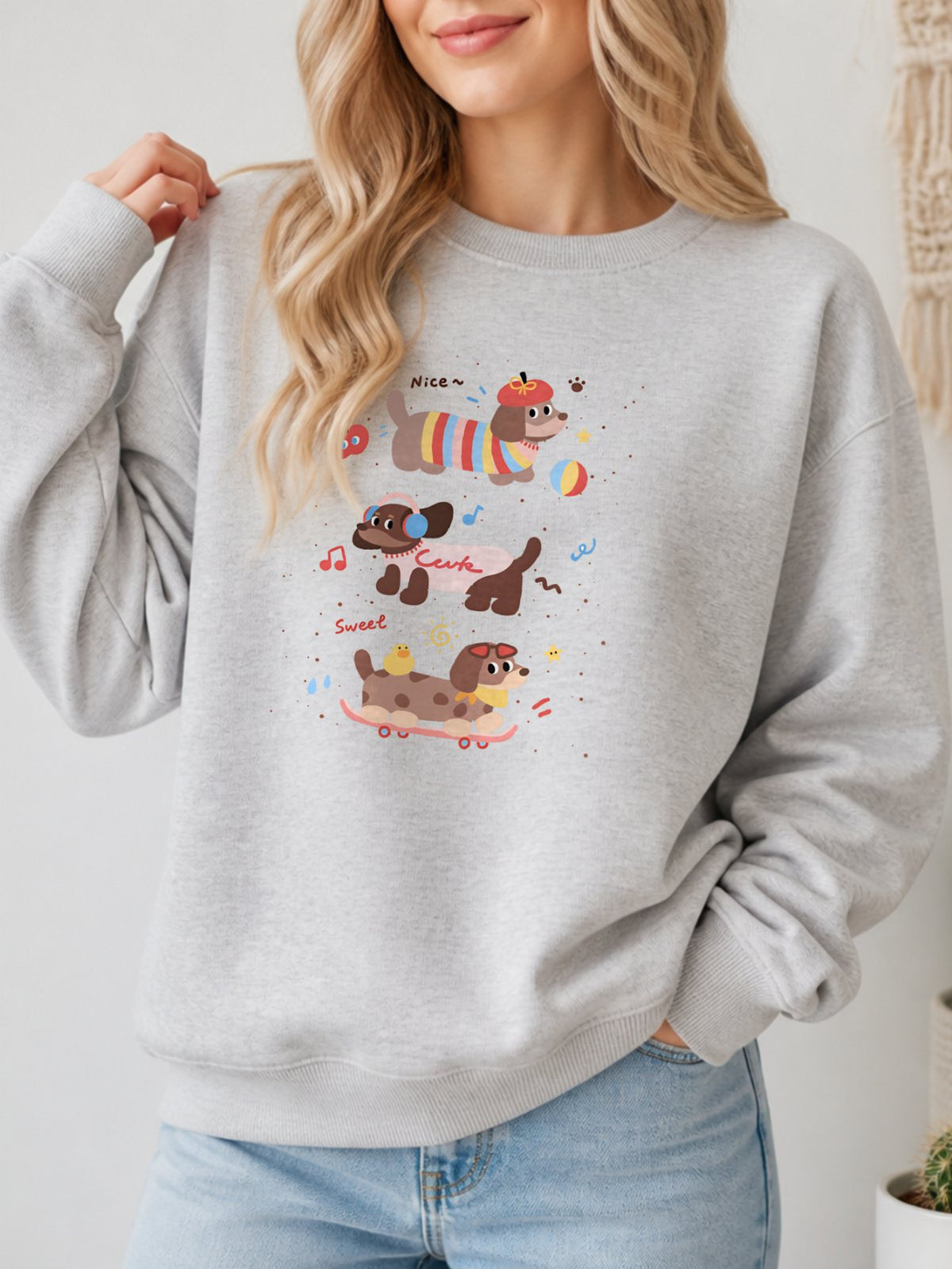 Cute Dachshund Dog Vintage Boho Graphic Sweatshirt - Hanes_Ash Model