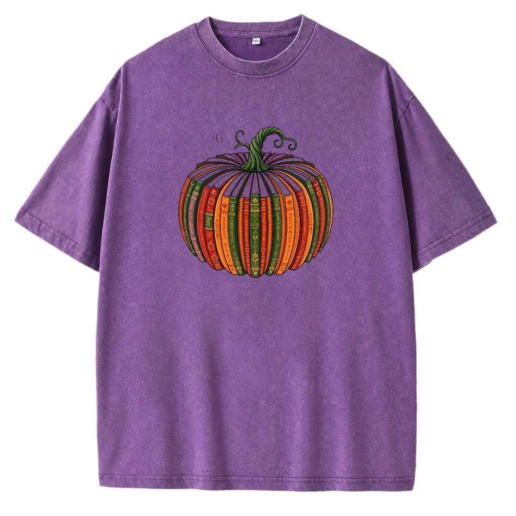 Colorful Antique Book Pumpkin Fall Graphic Oversized T Shirts for Women Men Vintage Washed Unisex Tees, Drop Shoulder Retro Soft Casual Streetwear Crew Neck Tops - Purple Front
