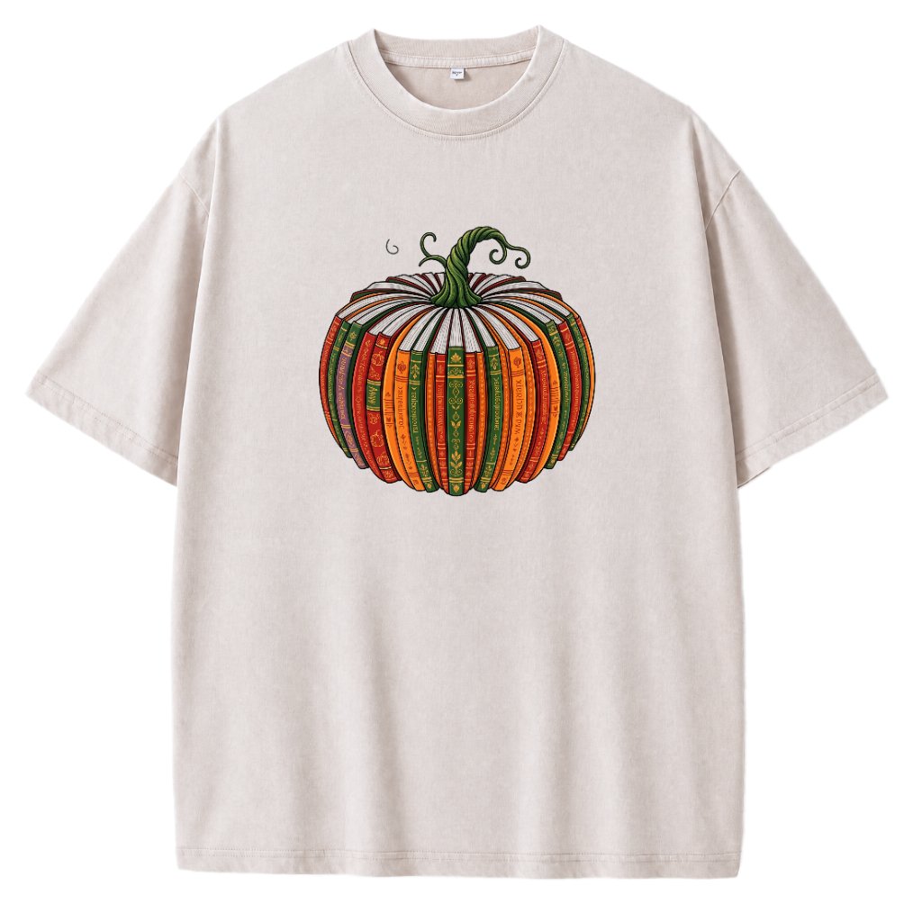 Colorful Antique Book Pumpkin Fall Graphic Oversized T Shirts for Women Men Vintage Washed Unisex Tees, Drop Shoulder Retro Soft Casual Streetwear Crew Neck Tops - Apricot Front