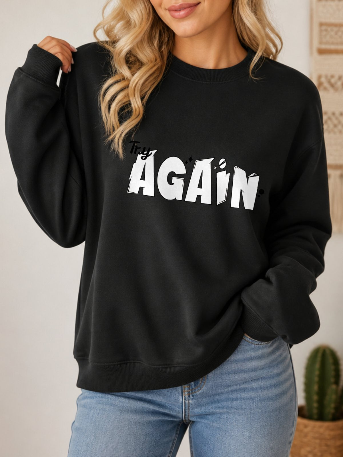 Try Again Vintage Boho Graphic Sweatshirt - Hanes_Black Model