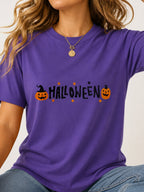 Cute Pumpkin Halloween Letter Graphic T-Shirt - Lilac Model