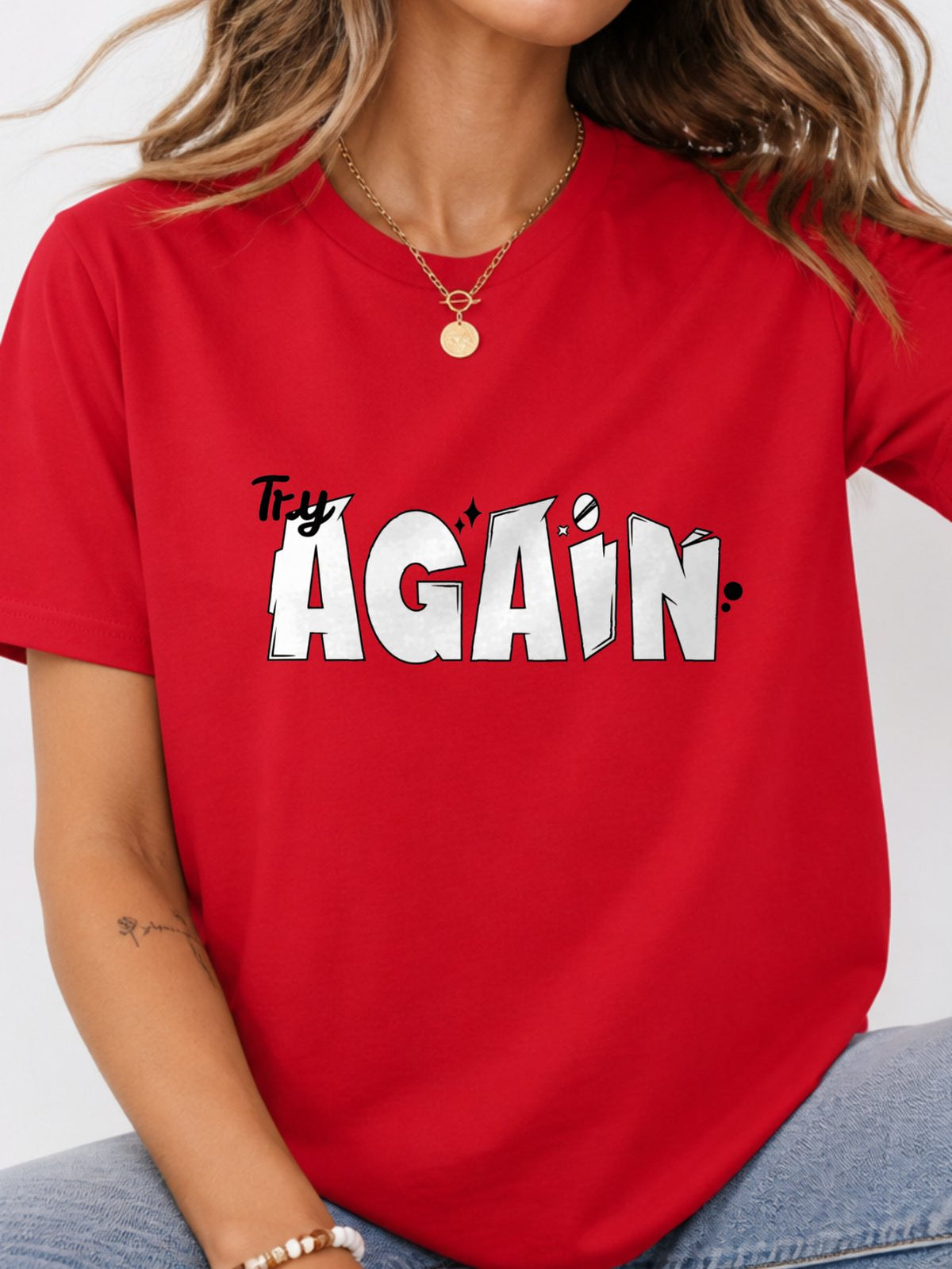 Try Again Cartoon Text Quote Graphic T-Shirt - Red Model