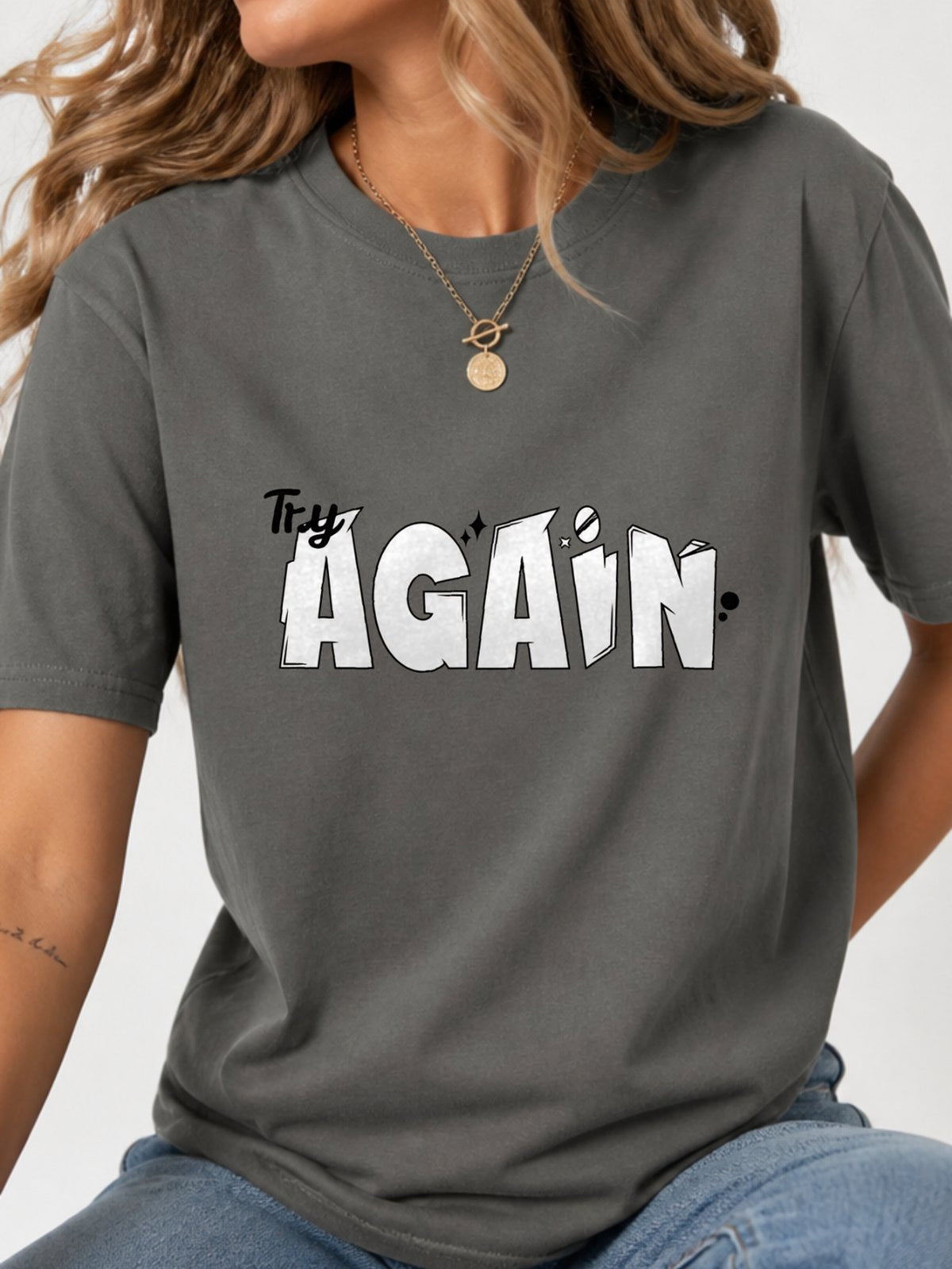 Try Again Cartoon Text Quote Graphic T-Shirt - Charcoal Model