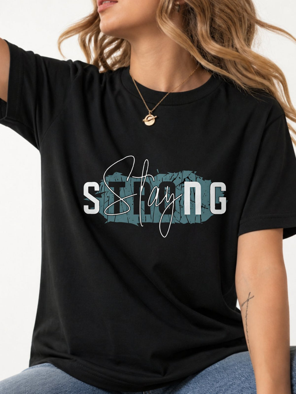 Stay Strong Distressed Script Graphic T-Shirt - Black Model