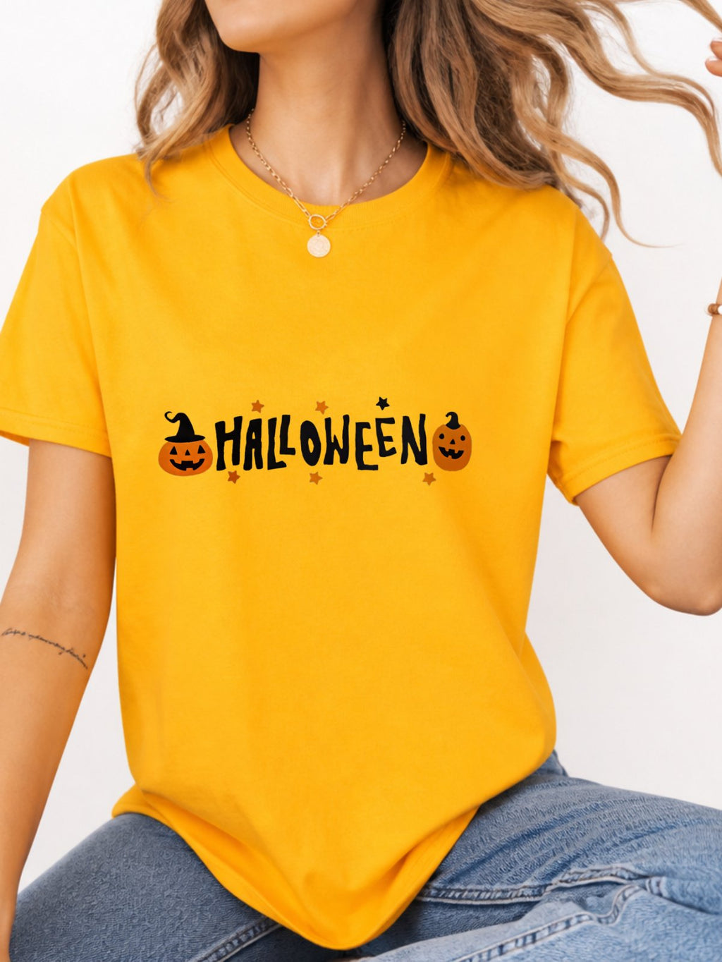 Cute Pumpkin Halloween Letter Graphic T-Shirt - Gold Model