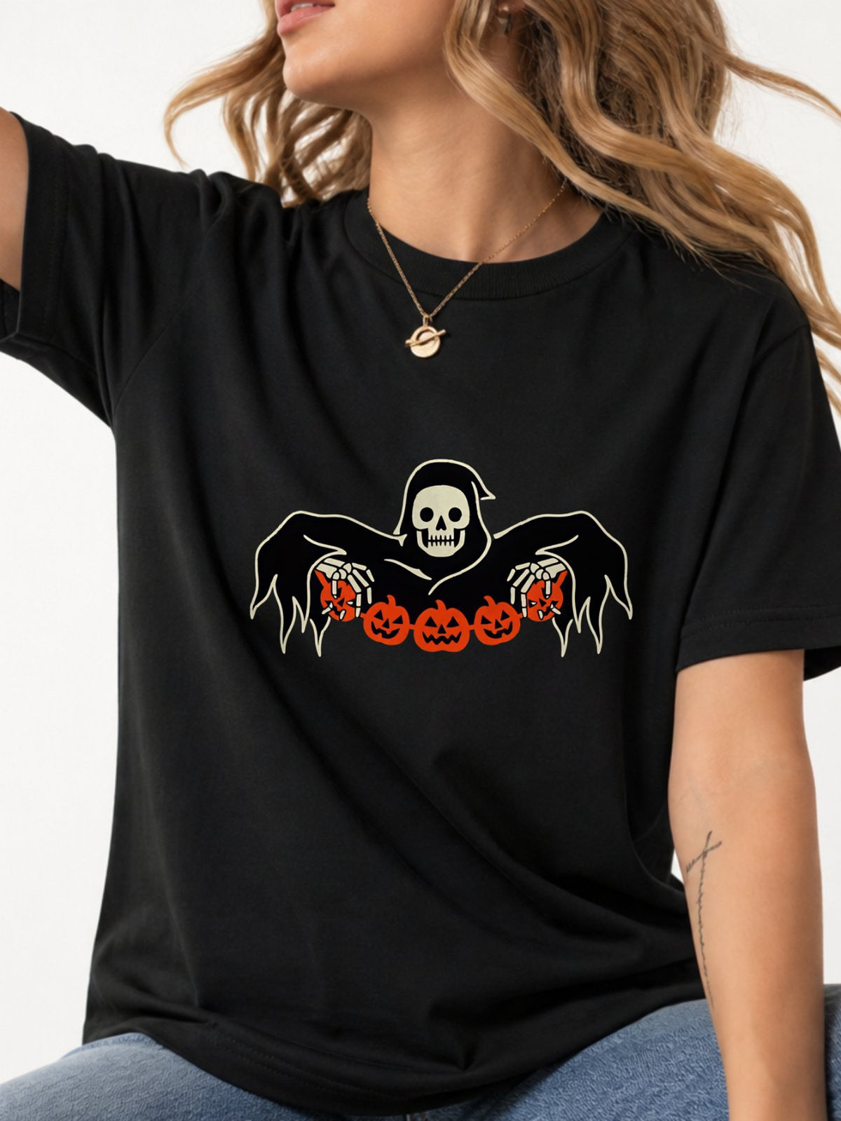 Grim Reaper Skeleton Pumpkin Halloween Tee - Black Model