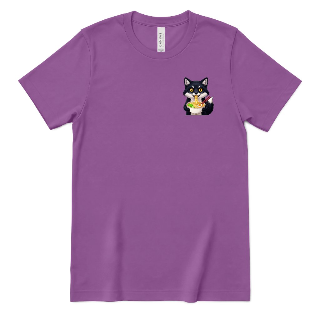 Cute Wolf Eating Ramen Pocket Print Tee, Kawaii Noodle Lover Shirt, Small Graphic T‑Shirt, Anime Food Tee, Casual Minimal Animal Top - Royal Purple Front