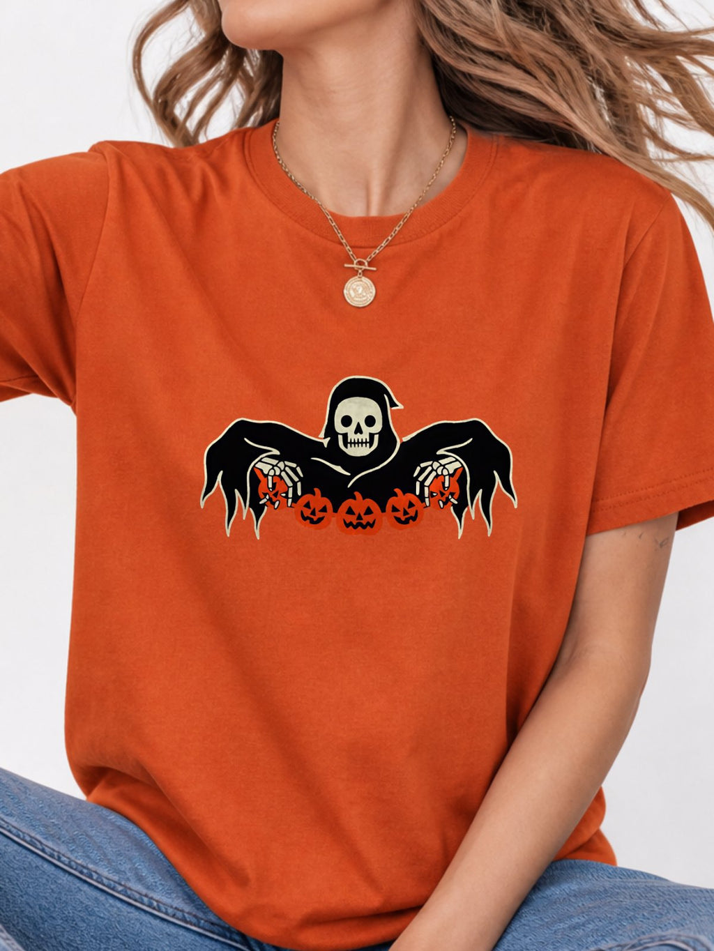 Grim Reaper Skeleton Pumpkin Halloween Tee - Texas Orange Model