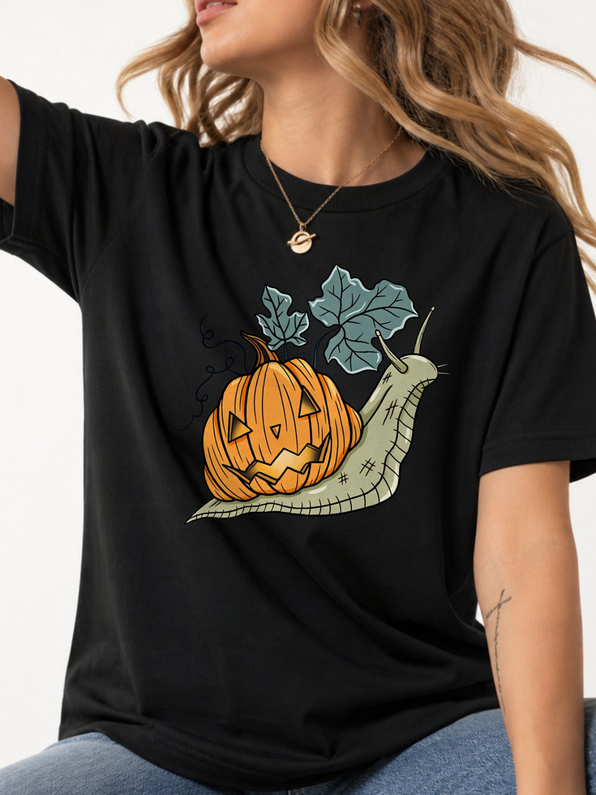 Snail Jack O Lantern Pumpkin Graphic T-Shirt - Black Model