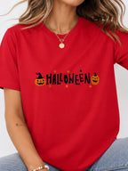 Cute Pumpkin Halloween Letter Graphic T-Shirt - Red Model