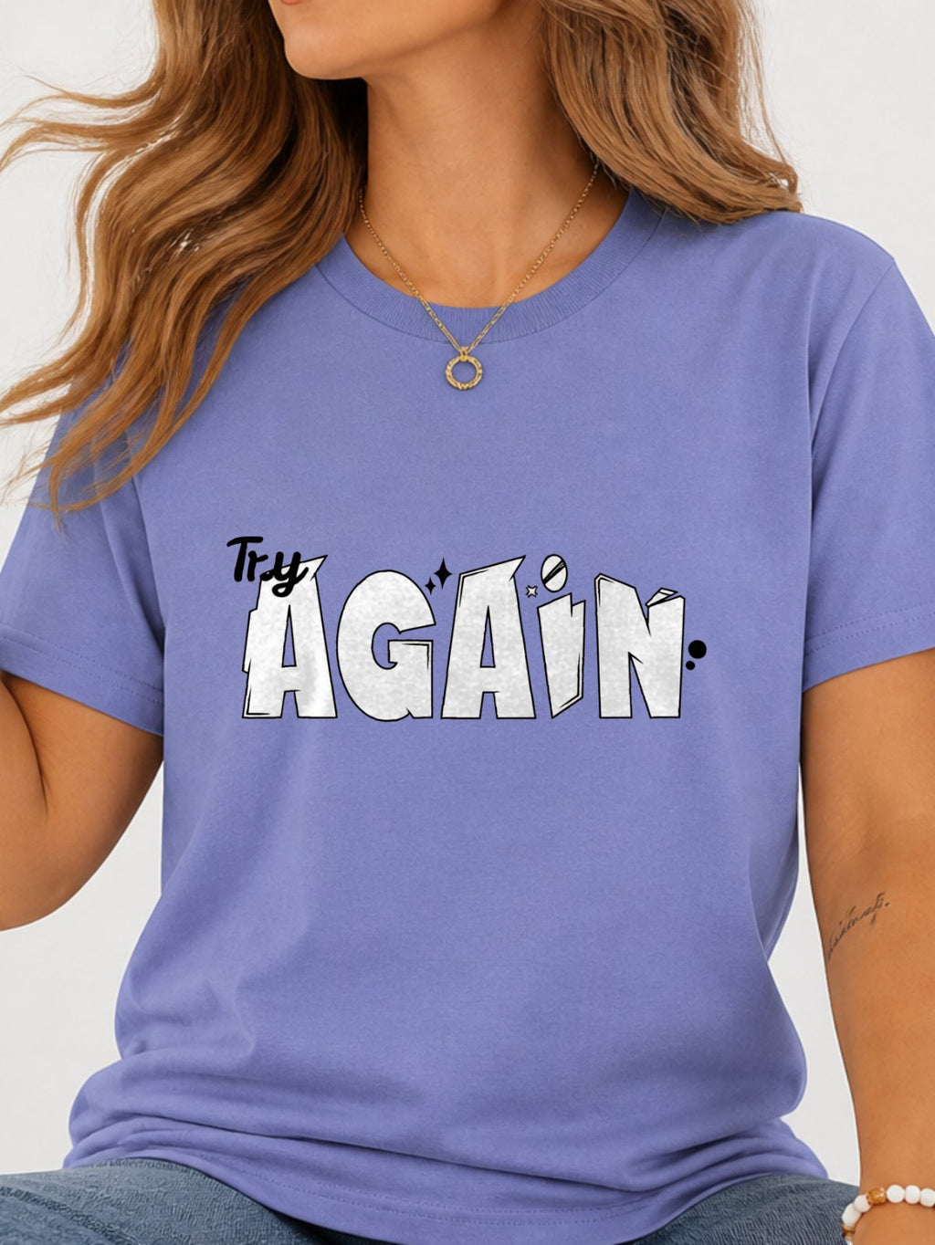 Try Again Cartoon Text Quote Graphic T-Shirt - Violet Model