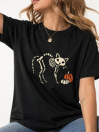 Cat Skeleton Pumpkin Halloween Graphic T-Shirt - Black Model
