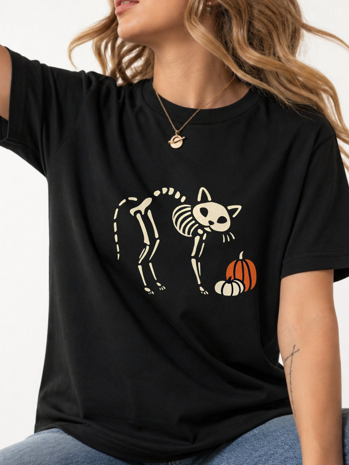 Cat Skeleton Pumpkin Halloween Graphic T-Shirt - Black Model