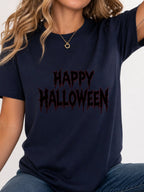 Happy Halloween Metal Text Graphic T-Shirt - Navy Model
