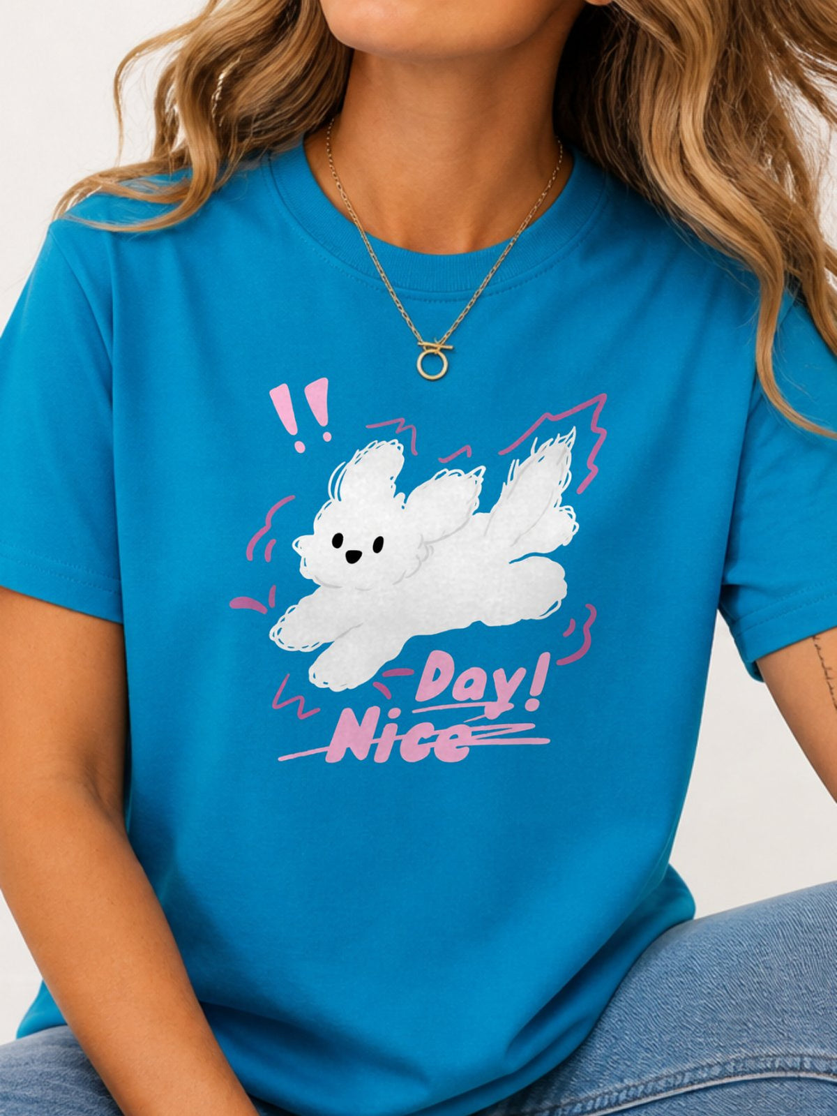 Nice Day Fluffy Dog Graphic T-Shirt - Sapphire Model