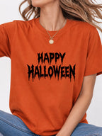Happy Halloween Metal Text Graphic T-Shirt - Texas Orange Model