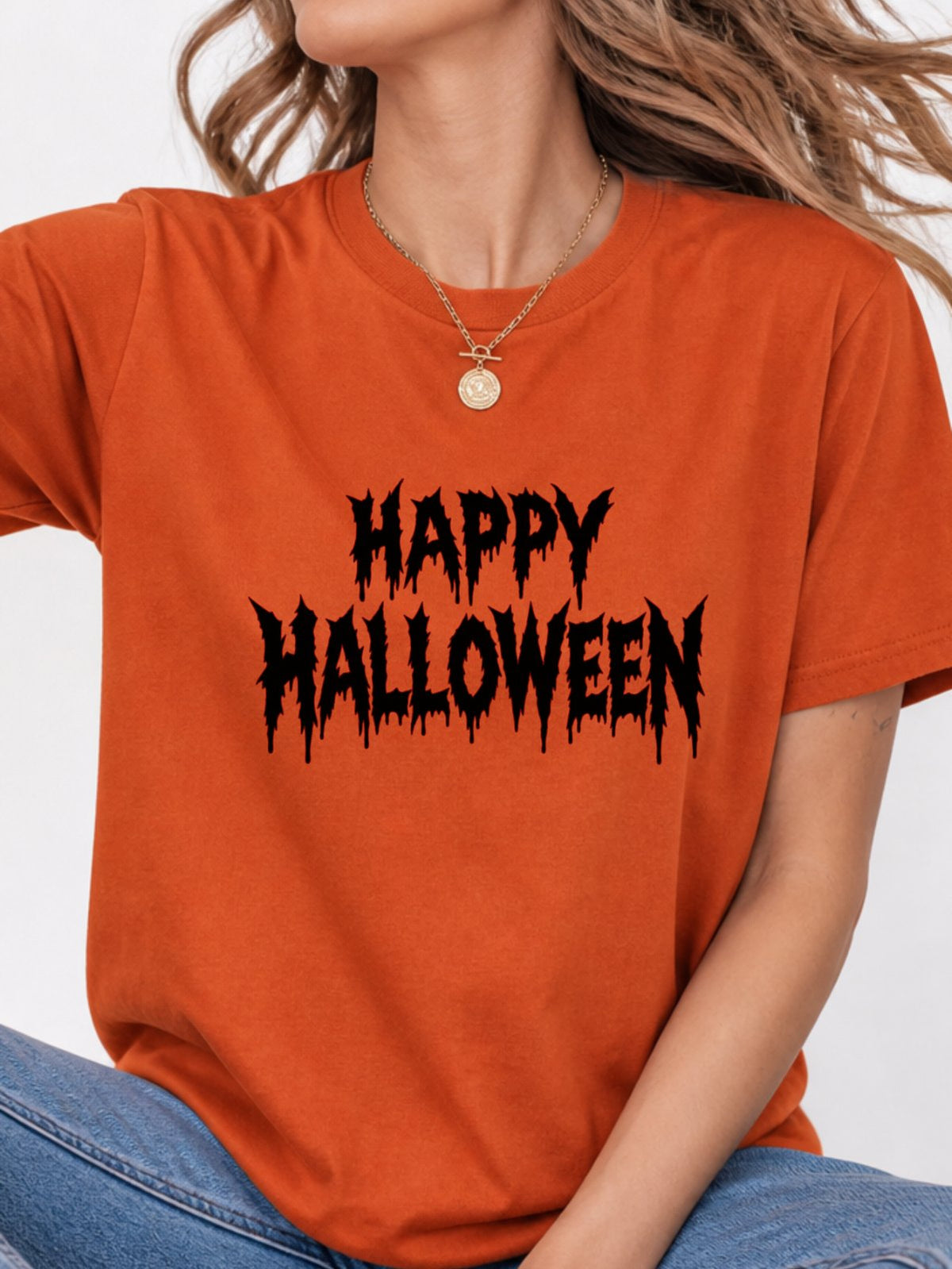 Happy Halloween Metal Text Graphic T-Shirt - Texas Orange Model