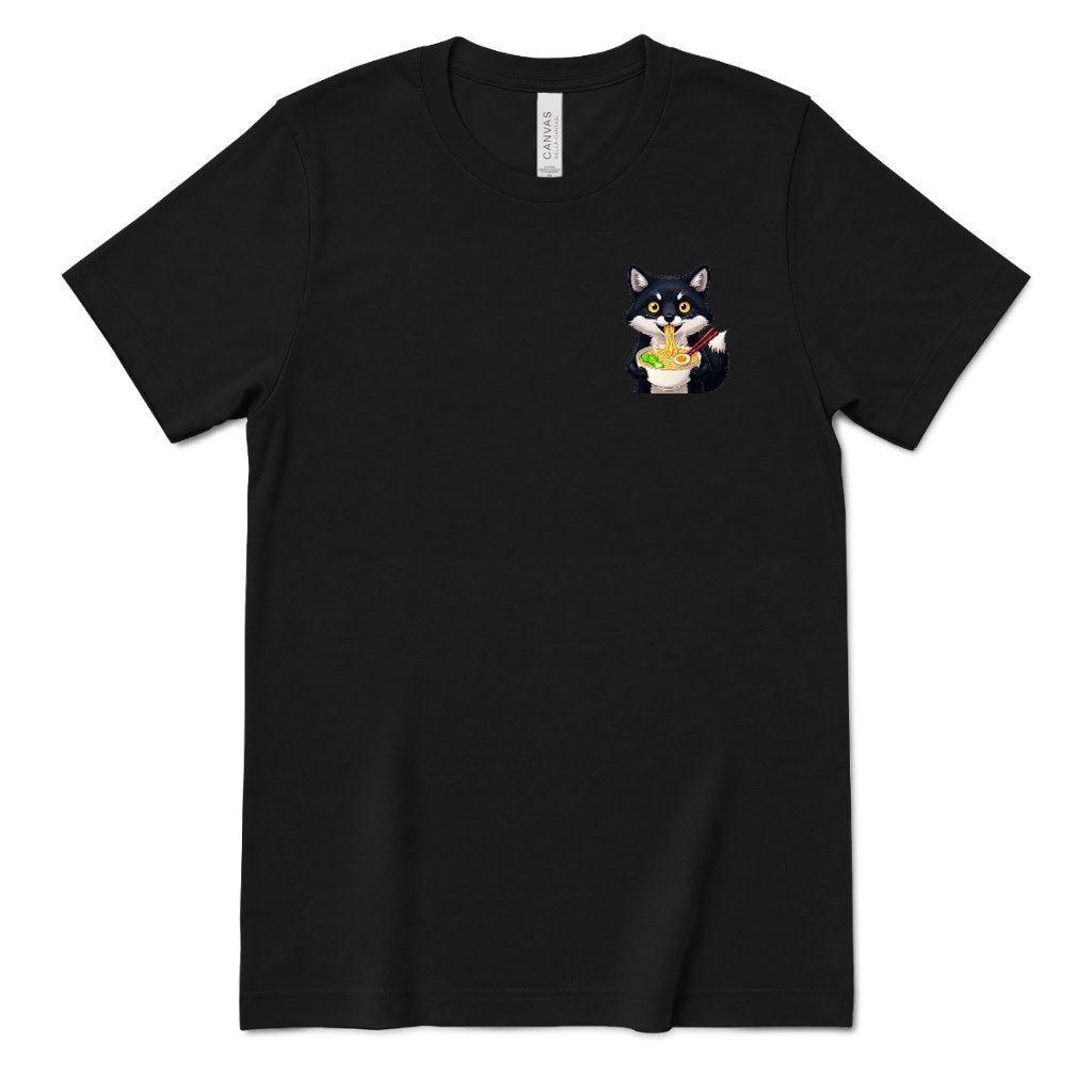 Cute Wolf Eating Ramen Pocket Print Tee, Kawaii Noodle Lover Shirt, Small Graphic T‑Shirt, Anime Food Tee, Casual Minimal Animal Top - Black Front