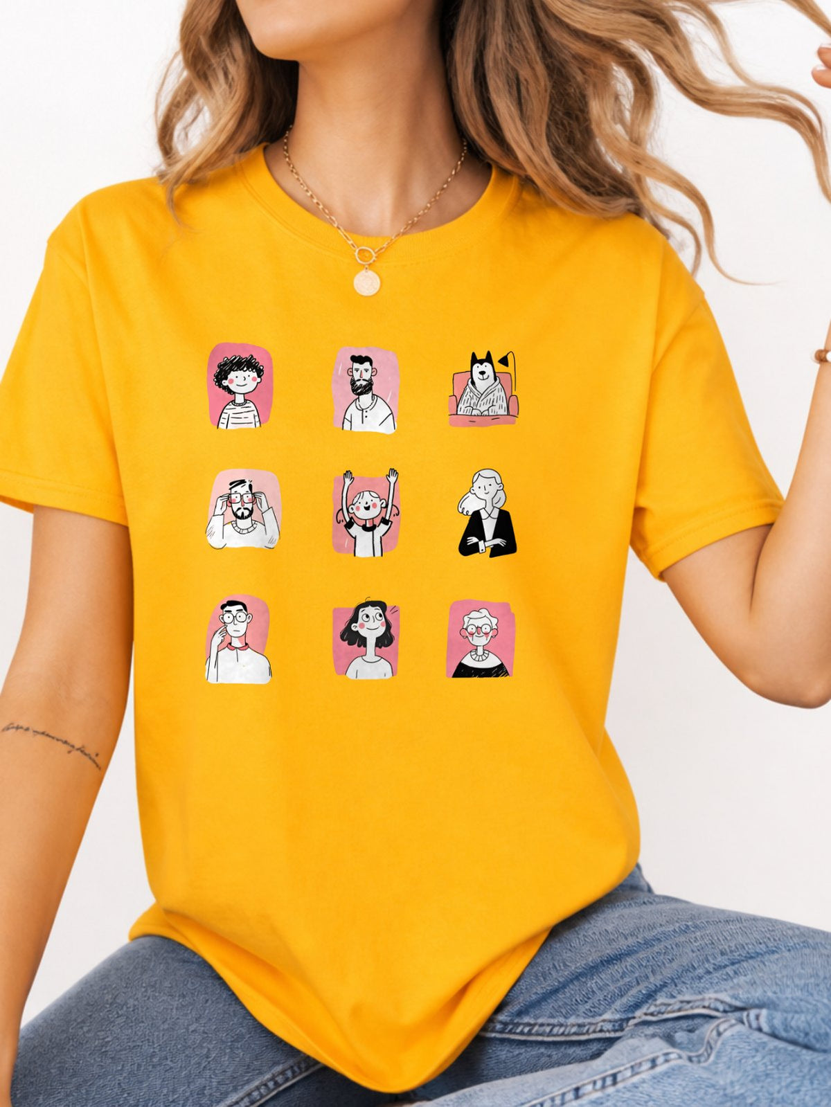 Cute Cartoon People Characters T-Shirt - Gold Model