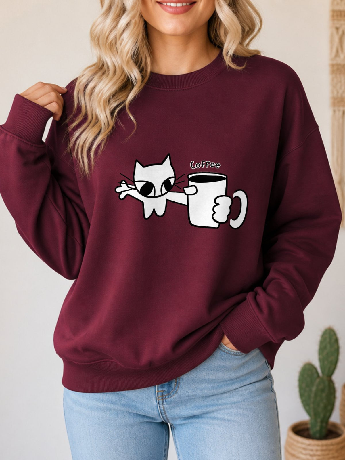 Cat Holding Coffee Vintage Boho Graphic Sweatshirt - Hanes_Maroon Model