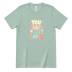 You Are Are Loved Shirt, Positive Affirmation Tee, Retro Bubble Letter T‑Shirt, Mental Health Gift, Self Love Graphic Tee, Kindness Inspirational Top - Dusty Blue Front