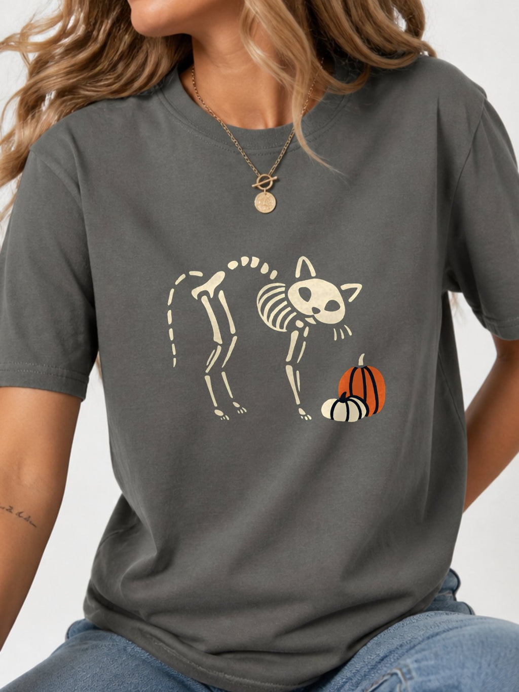 Cat Skeleton Pumpkin Halloween Graphic T-Shirt - Charcoal Model