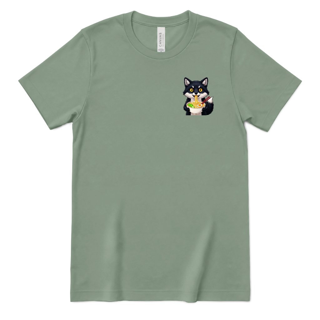 Cute Wolf Eating Ramen Pocket Print Tee, Kawaii Noodle Lover Shirt, Small Graphic T‑Shirt, Anime Food Tee, Casual Minimal Animal Top - Sage Front