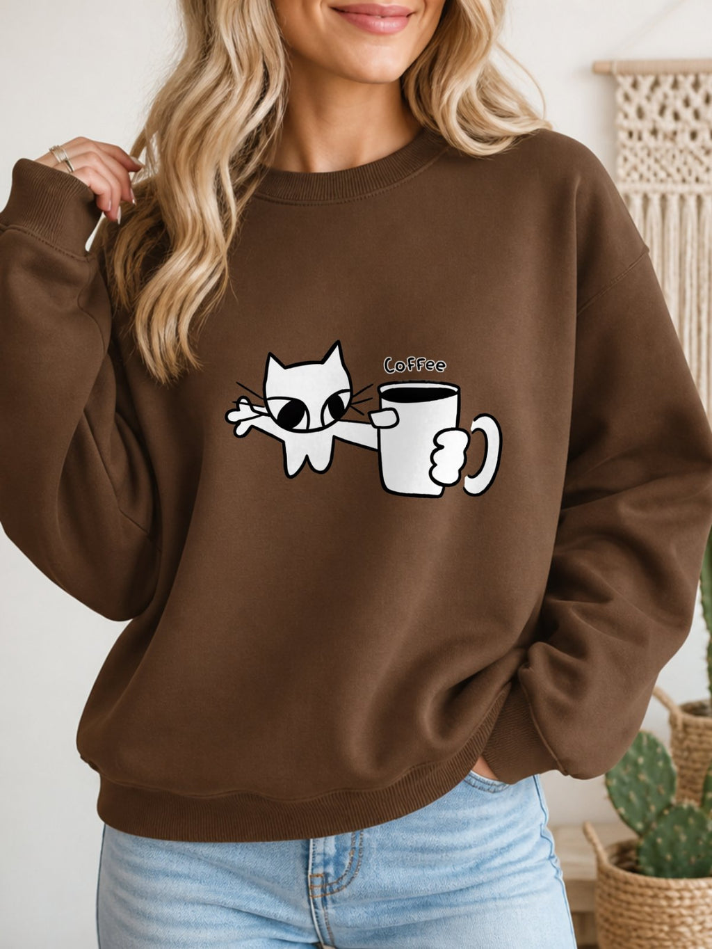 Cat Holding Coffee Vintage Boho Graphic Sweatshirt - Hanes_Army_Brown Model