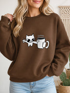 Cat Holding Coffee Vintage Boho Graphic Sweatshirt - Hanes_Army_Brown Model