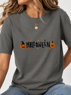 Cute Pumpkin Halloween Letter Graphic T-Shirt - Charcoal Model