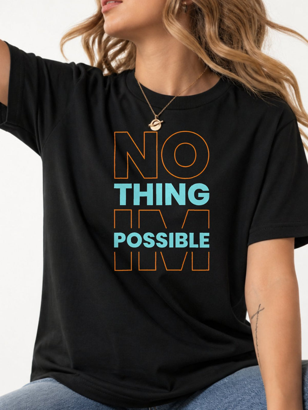 Nothing Is Possible Color Block Graphic T-Shirt - Black Model