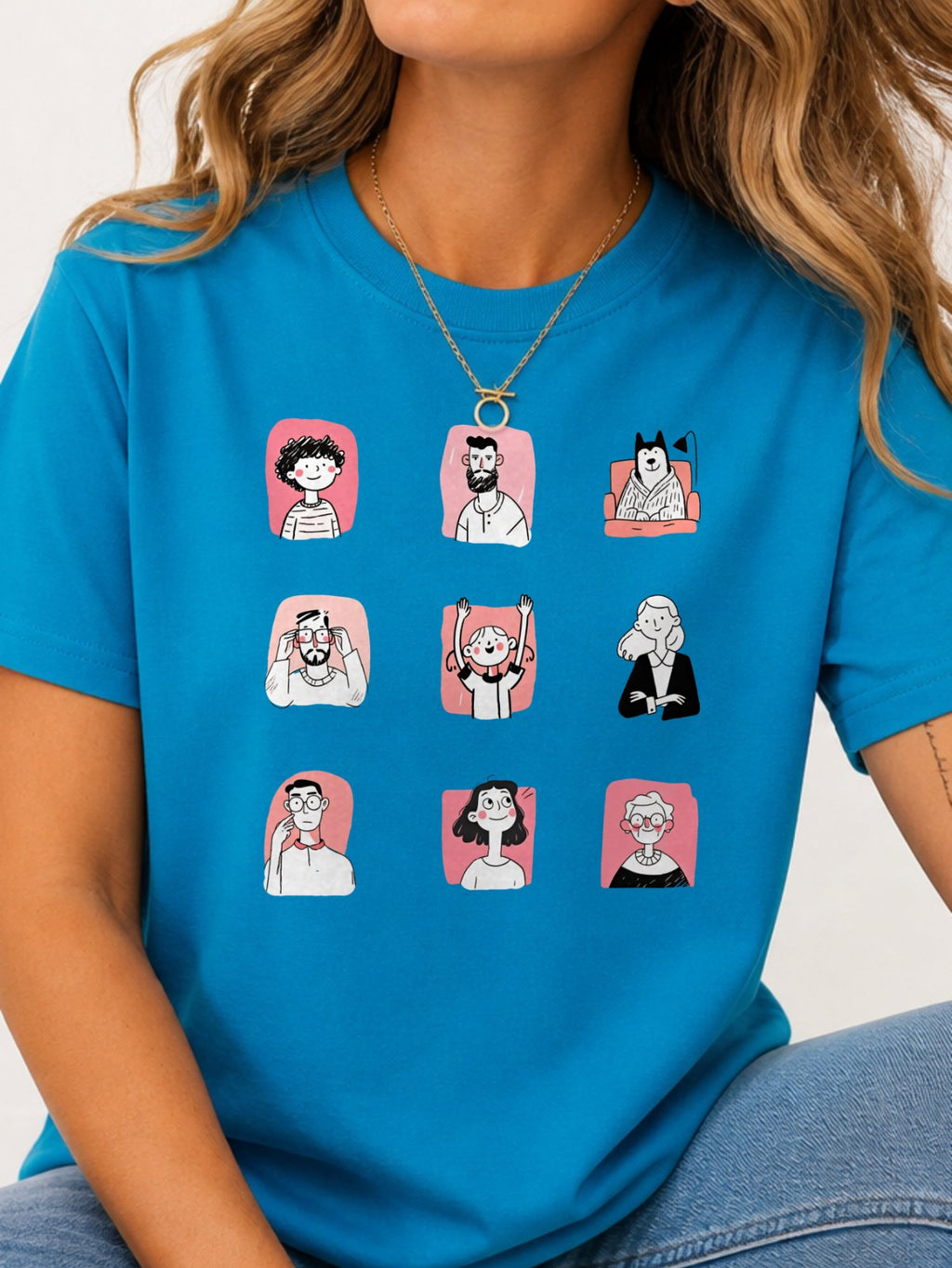 Cute Cartoon People Characters T-Shirt - Sapphire Model