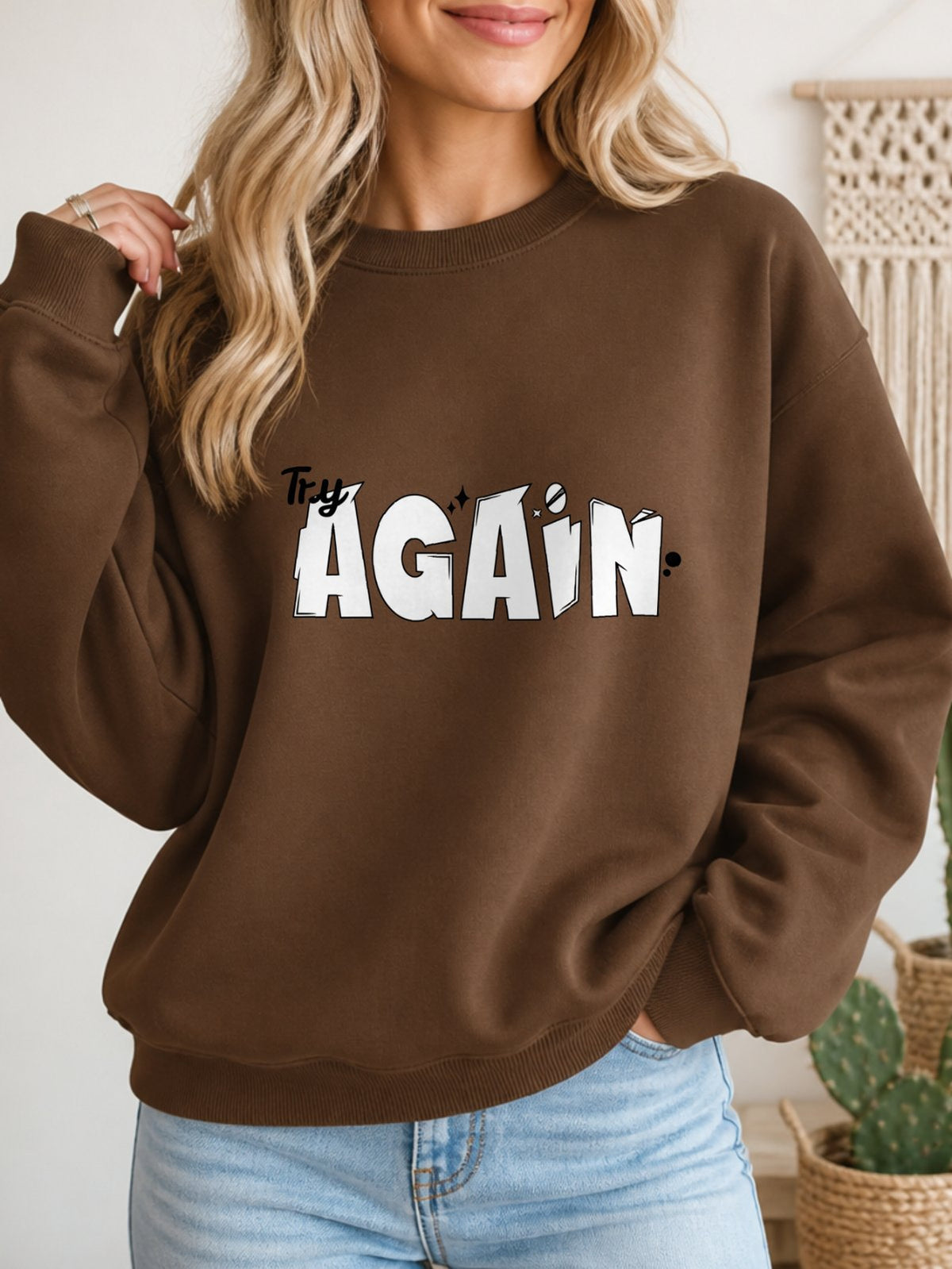 Try Again Vintage Boho Graphic Sweatshirt - Hanes_Army_Brown Model