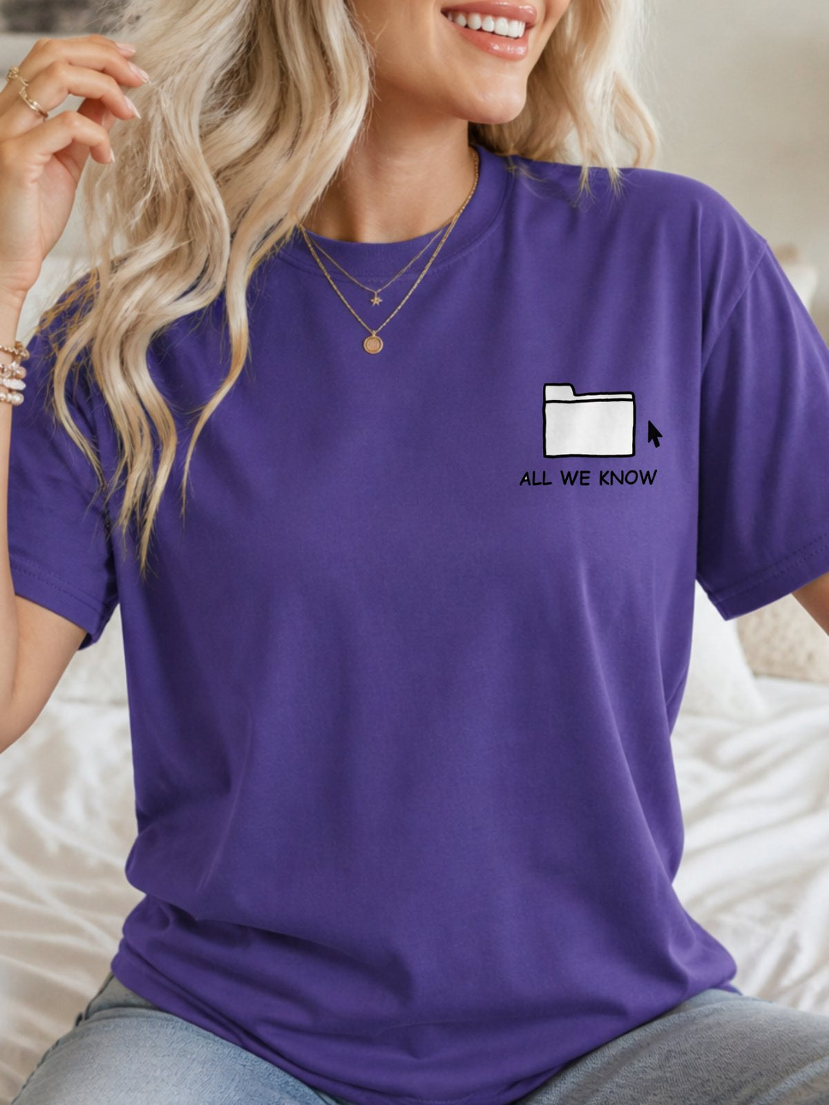 All We Know Folder Doodle Graphic T-Shirt - Lilac Model