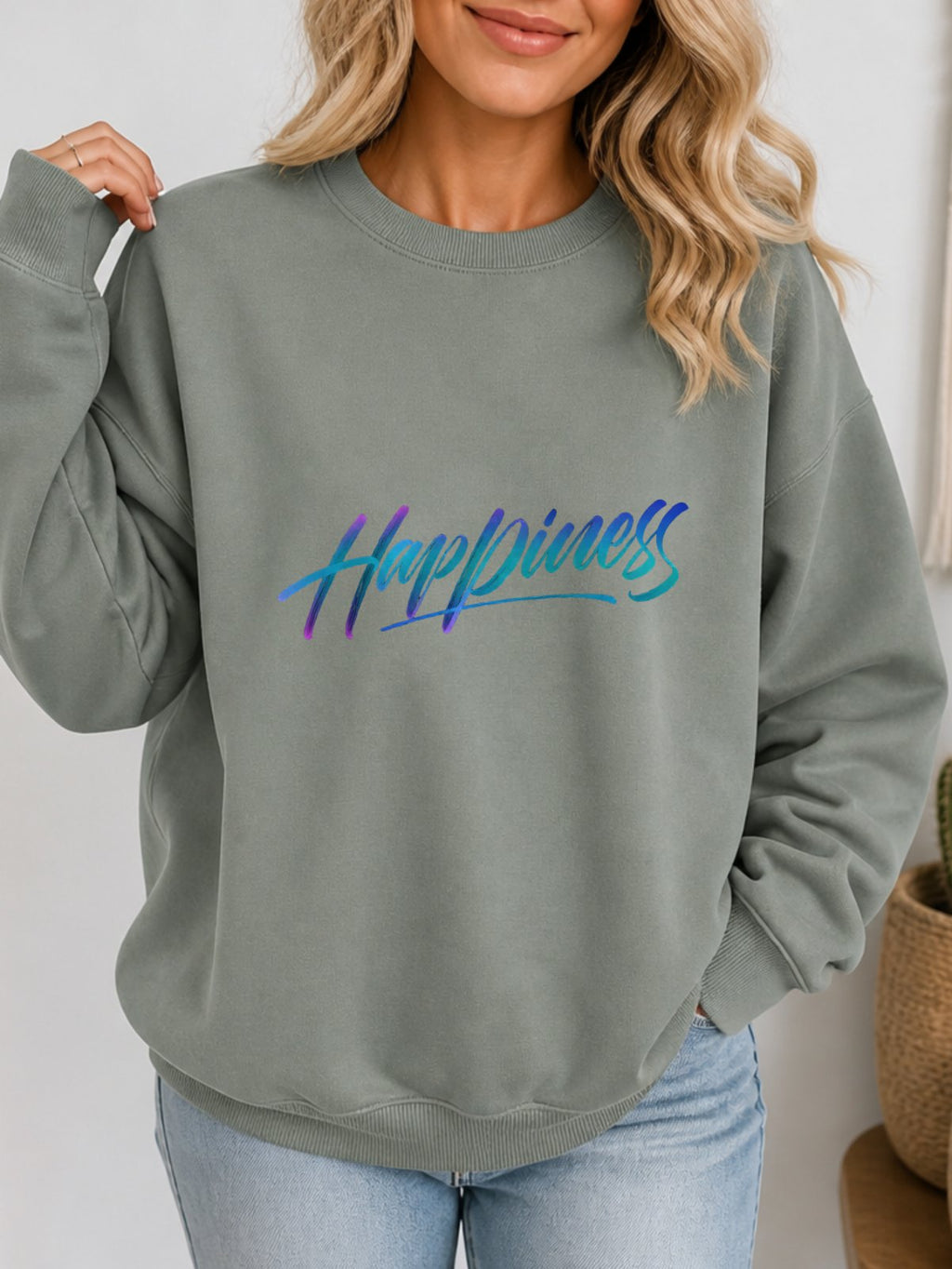 Happiness Vintage Boho Graphic Sweatshirt - Hanes_Stonewashed_Green Model