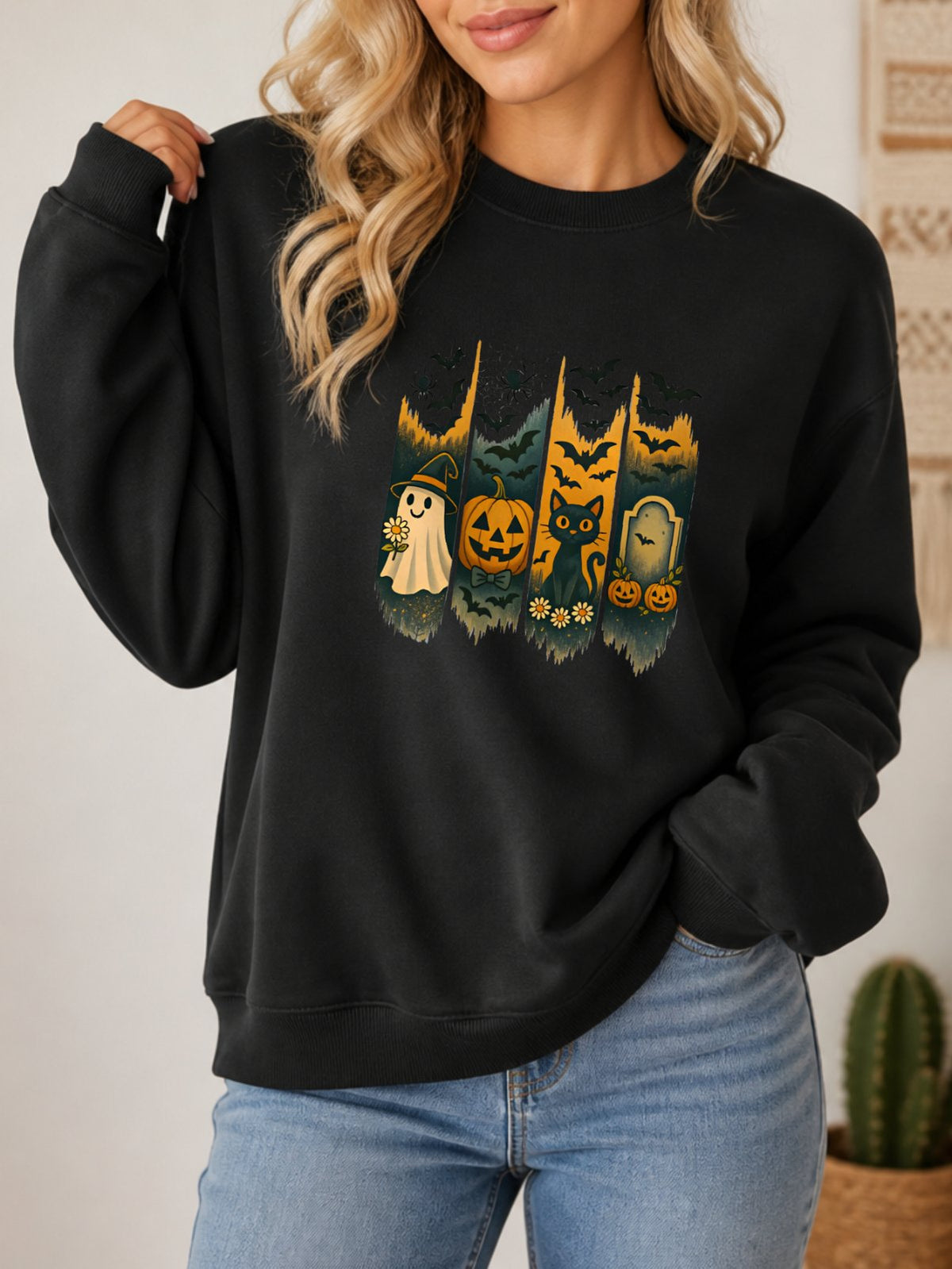Retro Boho Daisy Spooky Season Sweatshirt - Hanes_Black Model