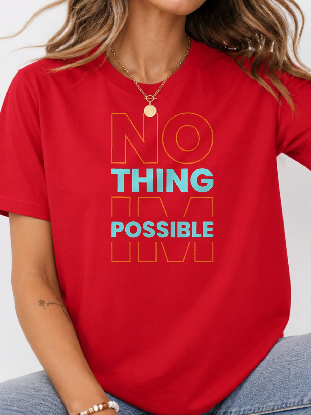 Nothing Is Possible Color Block Graphic T-Shirt - Red Model