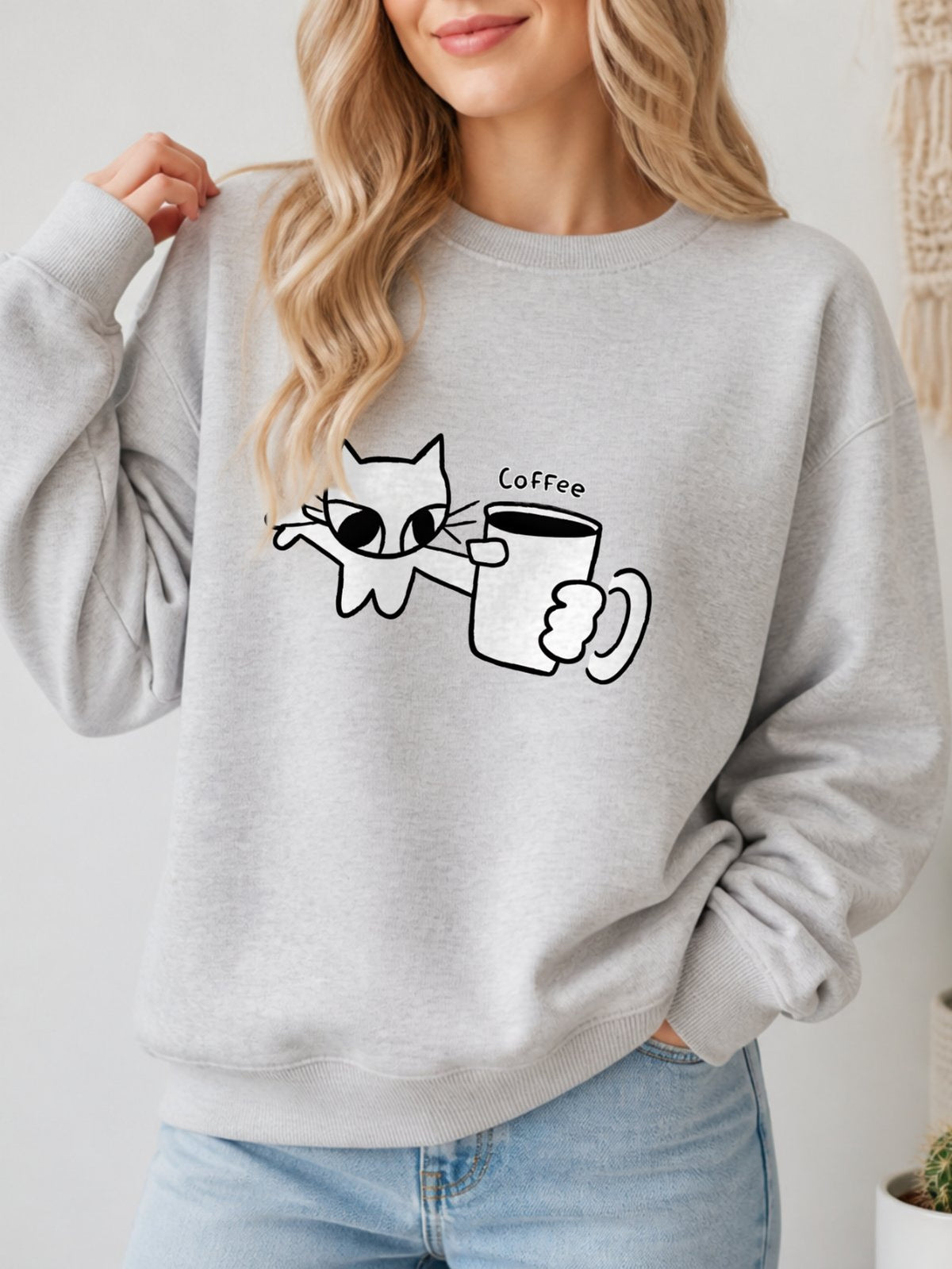 Cat Holding Coffee Vintage Boho Graphic Sweatshirt - Hanes_Ash Model