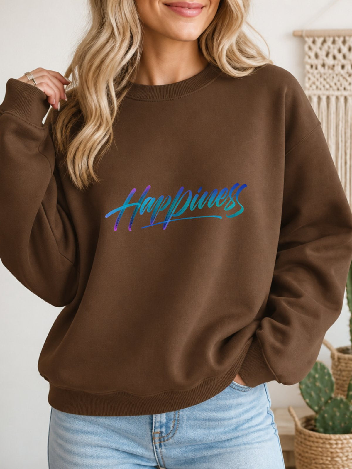 Happiness Vintage Boho Graphic Sweatshirt - Hanes_Army_Brown Model