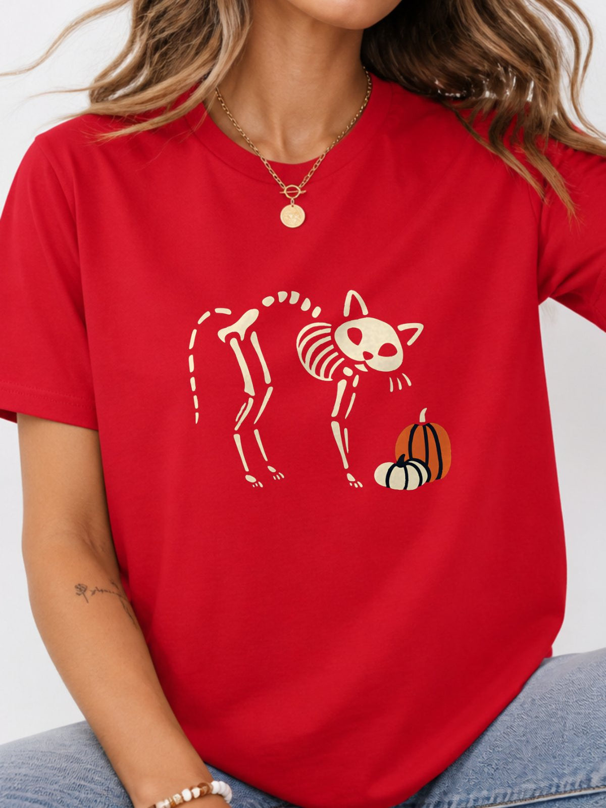 Cat Skeleton Pumpkin Halloween Graphic T-Shirt - Red Model