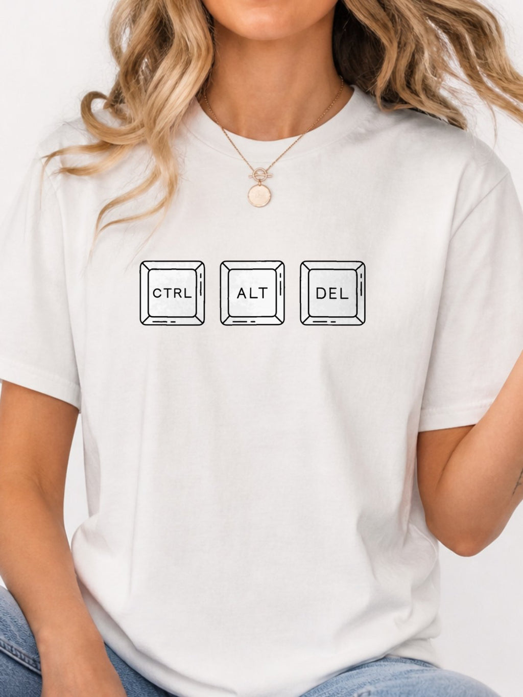Ctrl Alt Del Keyboard Keys T-Shirt - White Model