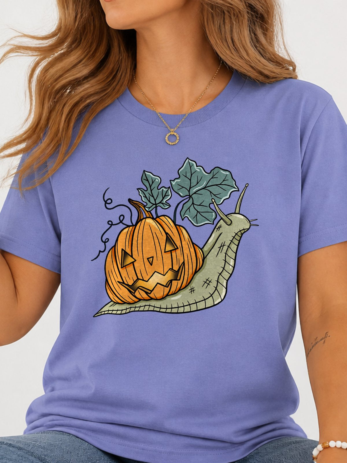 Snail Jack O Lantern Pumpkin Graphic T-Shirt - Violet Model