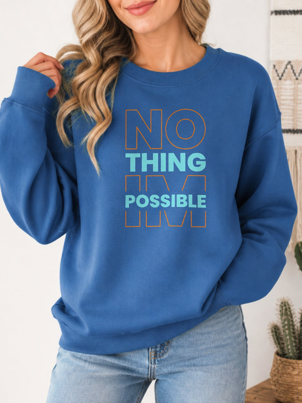 Nothing Impossible Vintage Boho Graphic Sweatshirt - Hanes_Denim_Blue Model