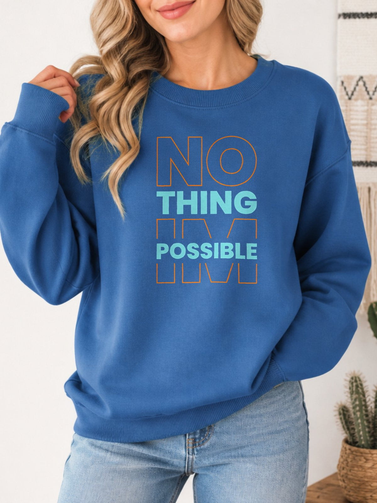 Nothing Impossible Vintage Boho Graphic Sweatshirt - Hanes_Denim_Blue Model